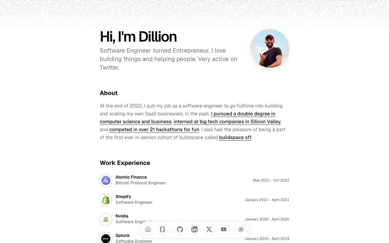 Dillion Verma 的个人网站，展示了他的实习经历和项目