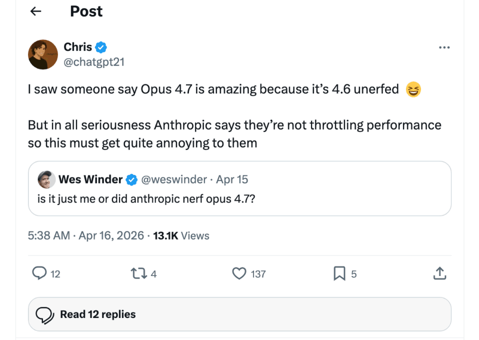 Twitter 上用户评论 Opus 4.7 是"4.6 unnerfed"
