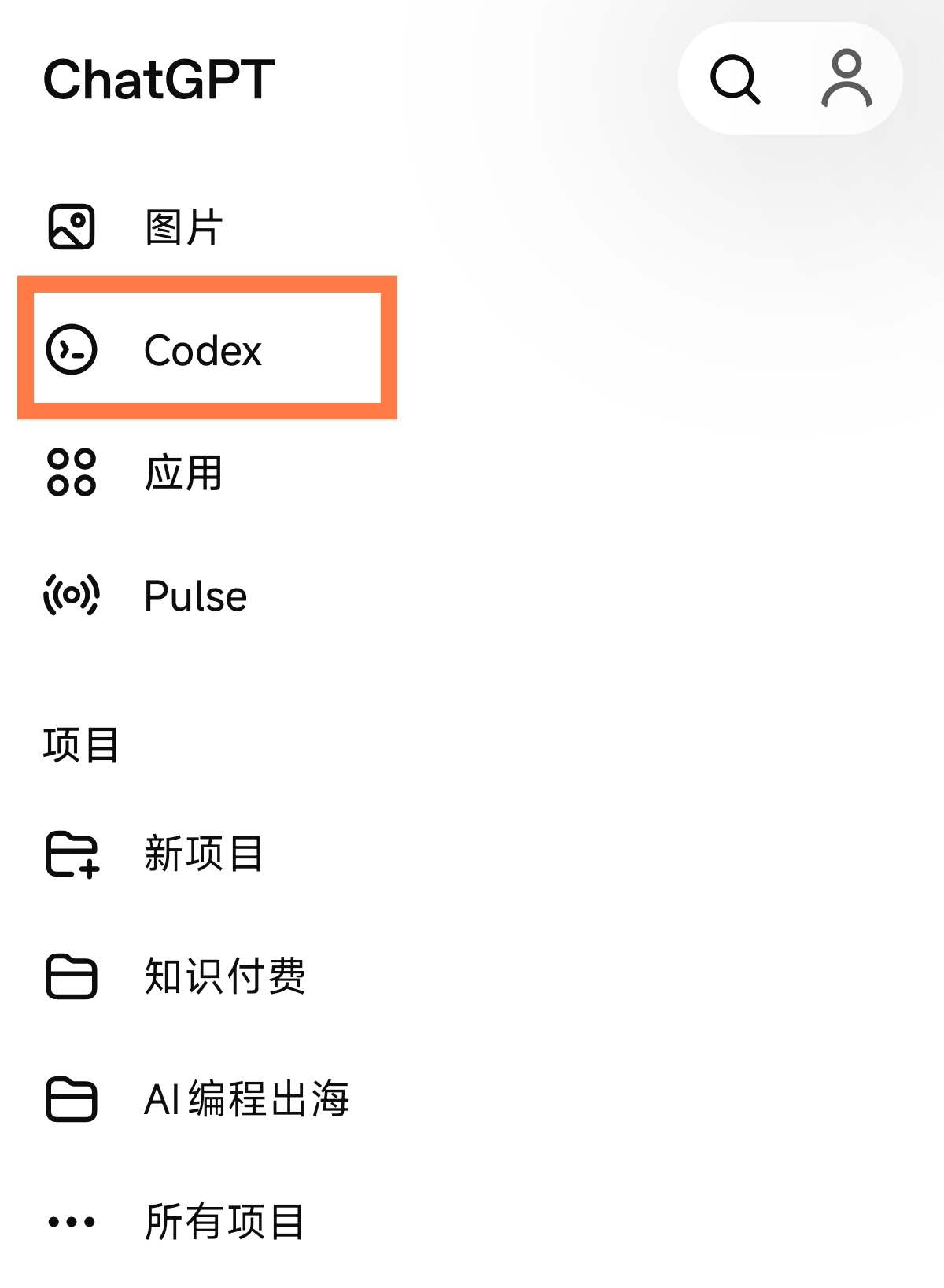 ChatGPT 移动端侧边栏新增 Codex 入口