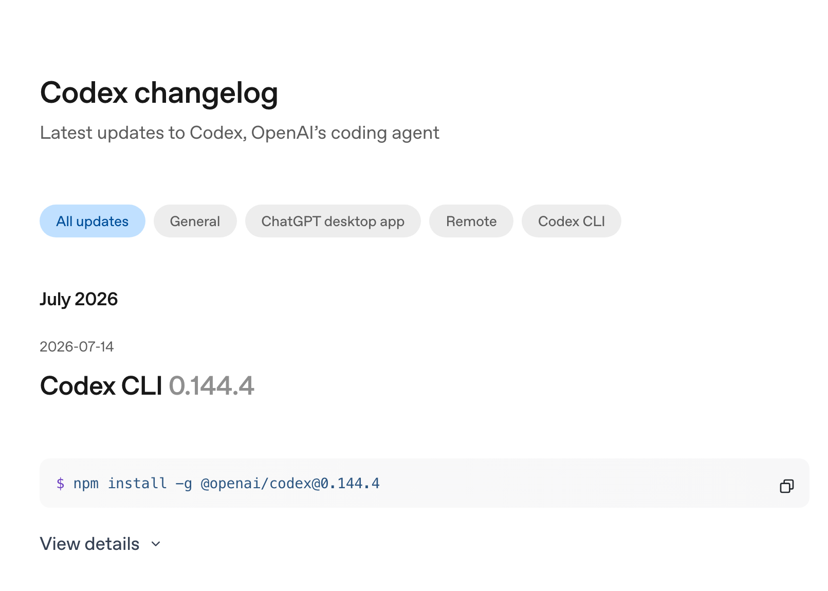 Codex 官方 changelog