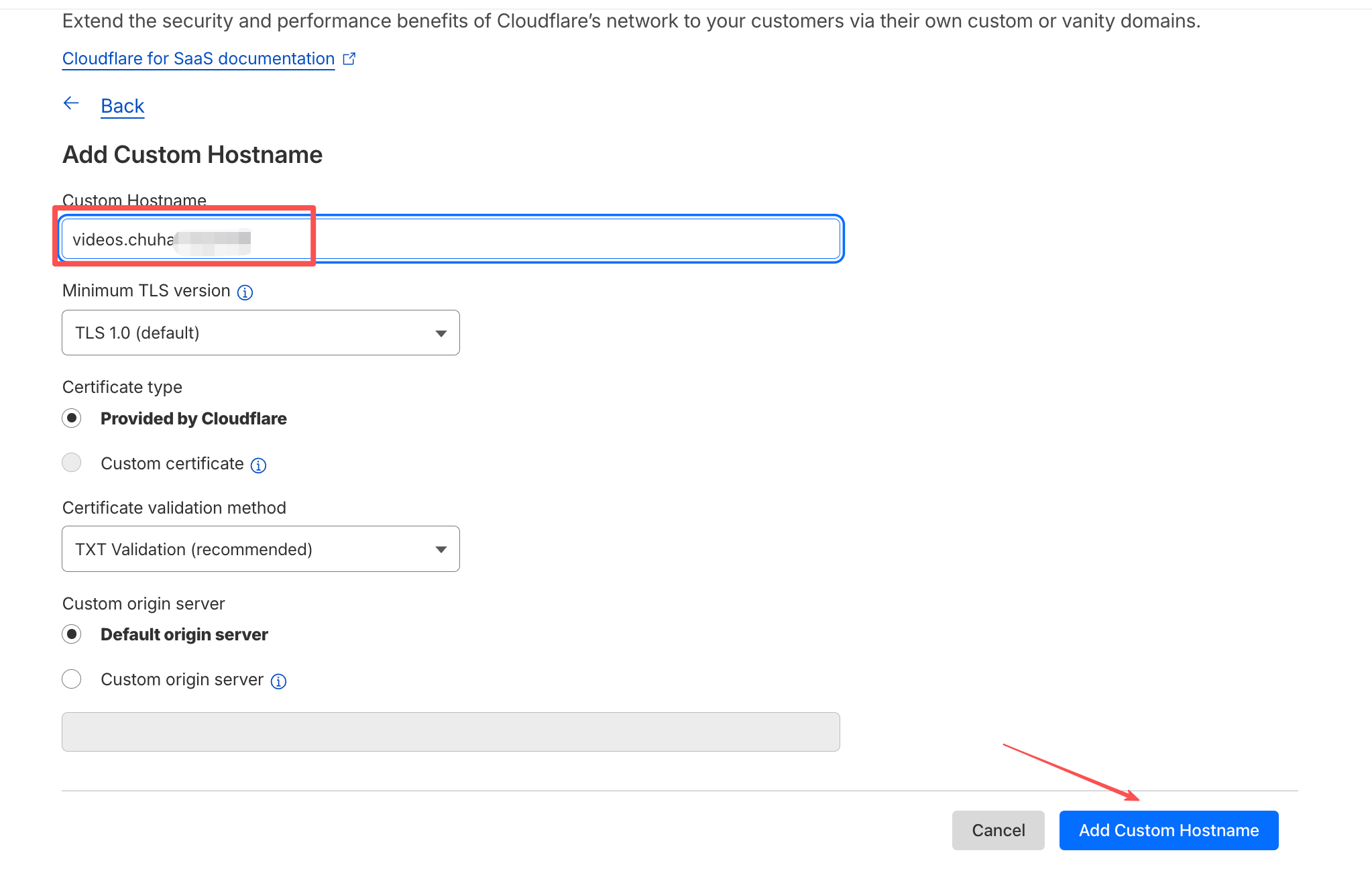 添加 Custom Hostname