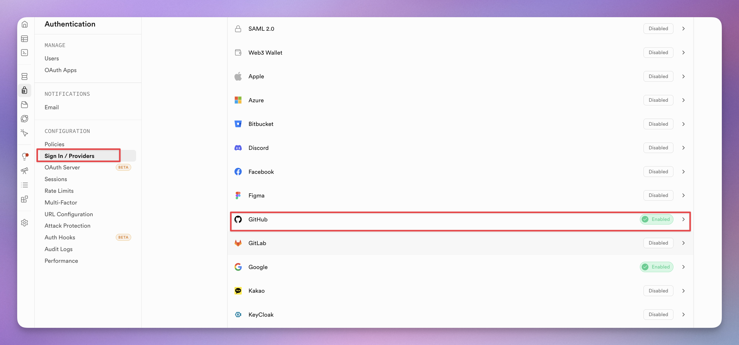 Supabase → Authentication → Sign In / Providers，开启 GitHub
