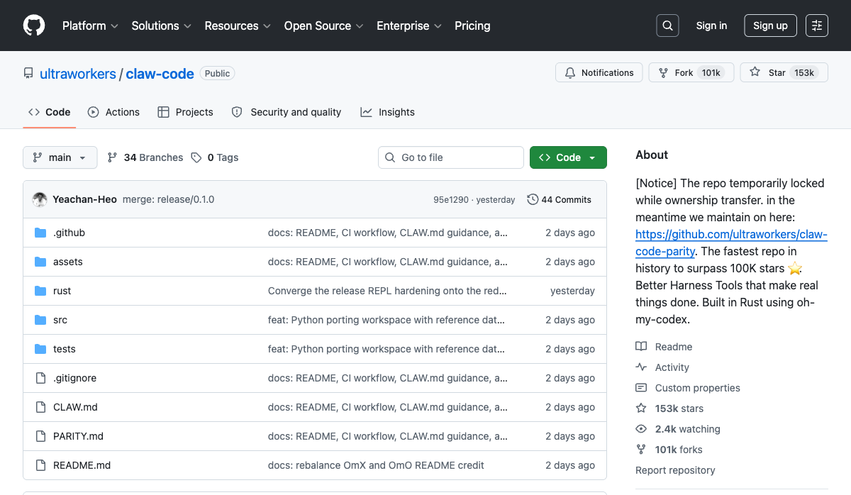 claw-code：GitHub 历史最快破 10 万 stars，现在 153K