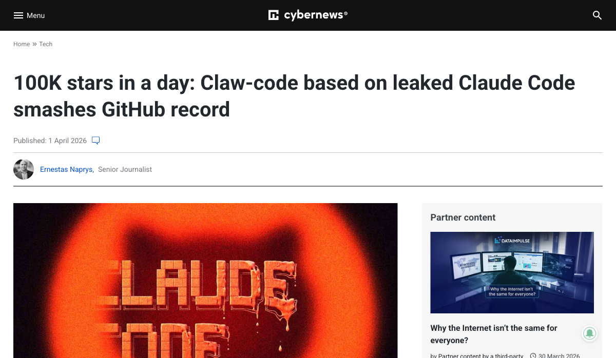 Cybernews 报道：100K Stars in a day，GitHub 历史增速最快仓库