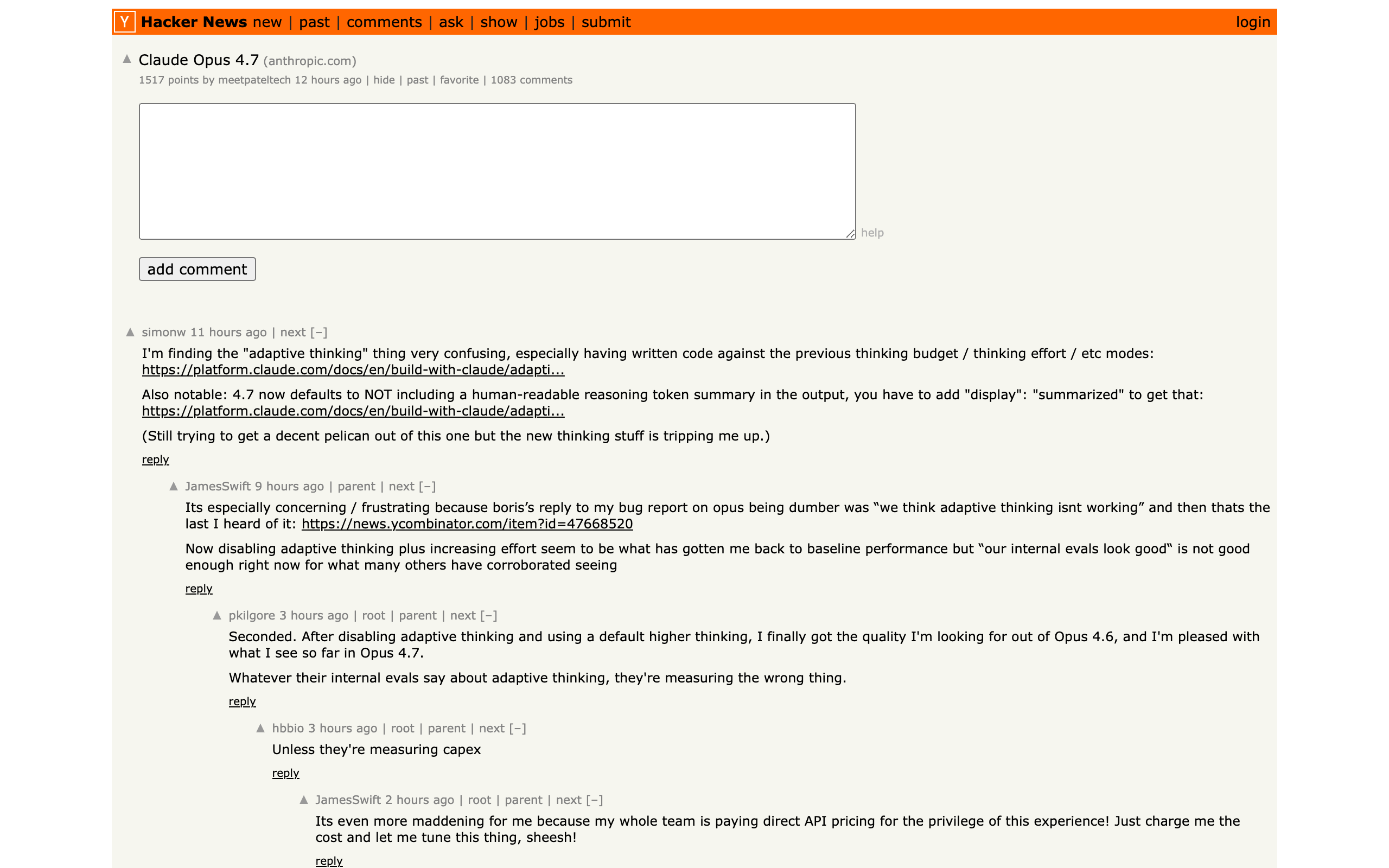 Hacker News 上 Opus 4.7 讨论帖截图