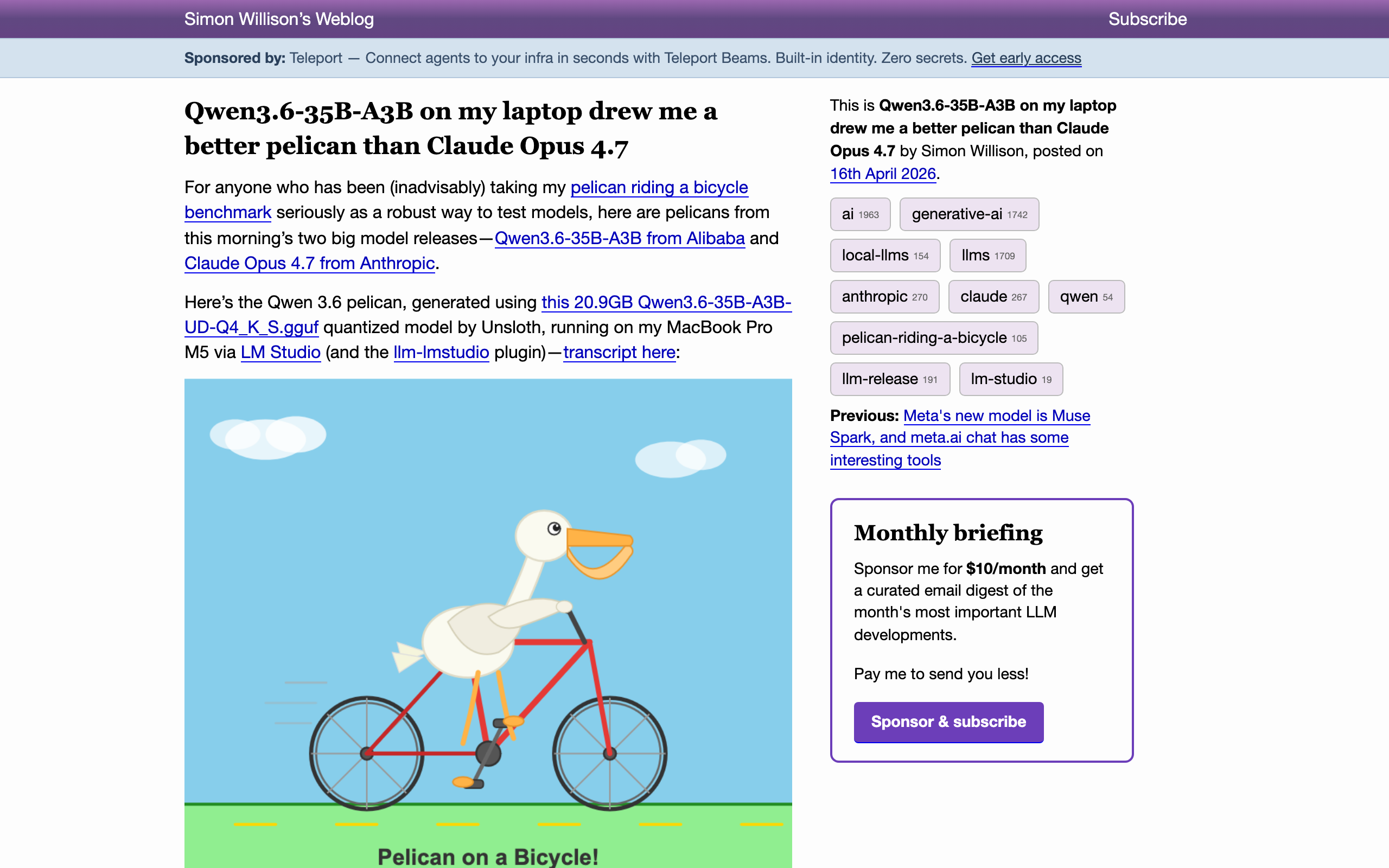 Simon Willison 博客 Qwen vs Opus 4.7 SVG 对比截图
