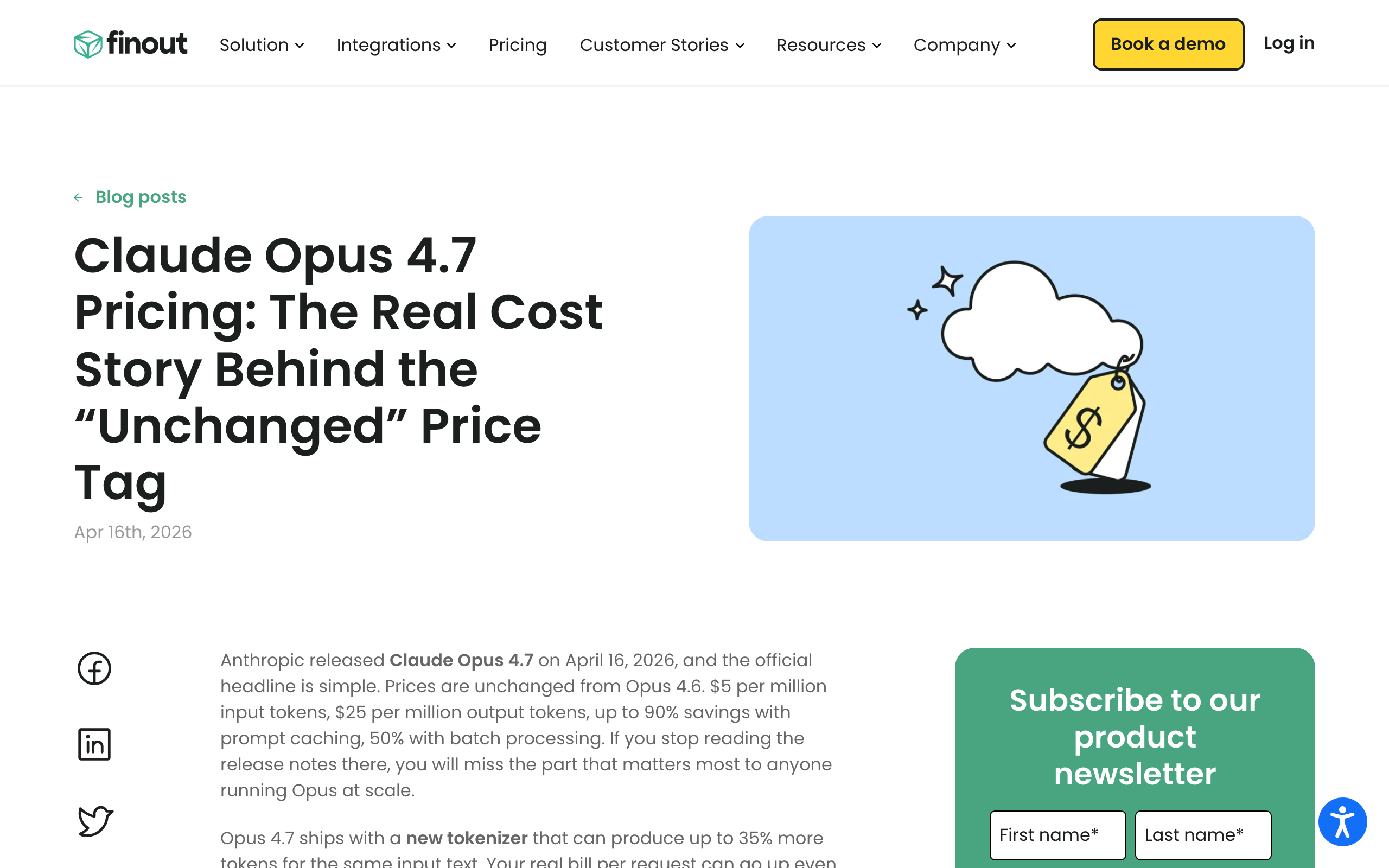 Finout 关于 Opus 4.7 token 通胀的成本分析图表